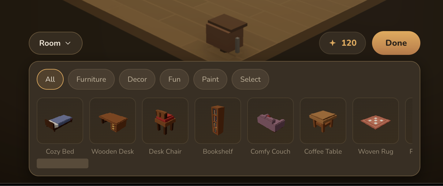 Decorate mode — choosing furniture to place in the room